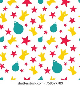 Seamless Christmas pattern with angels, stars and fur-tree toys