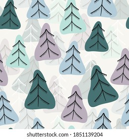 seamless christmas pattern background with doodle pine tree