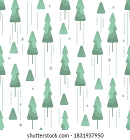 seamless christmas pattern background with green pine tree and snowflakes