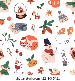 Seamless Christmas pattern, background with holiday stuff. Xmas winter print, texture design for wrapping, textile with cute cozy traditional items, cat, gifts. Colored flat vector illustration