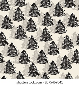 fondo de patrón de navidad sin fisuras con pino de capa de dibujo manual monocromo