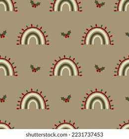 Seamless christmas pattern. Background with rainbow, mistletoe. Perfect for wrapping paper, greeting cards, textile