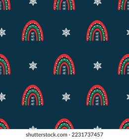 Patrón de navidad sin foco. Fondo con arcoiris, copos de nieve. Perfecto para envolver papel, tarjetas de felicitación, textiles