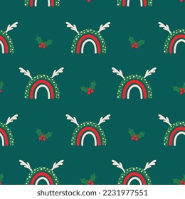 Seamless christmas pattern. Background with rainbow, mistletoe. Perfect for wrapping paper, greeting cards, textile