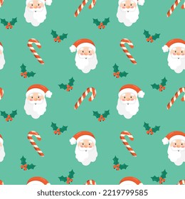 Seamless christmas pattern. Background with with santa claus head, mistletoe and candies . Perfect for wrapping paper, greeting cards, textile print.