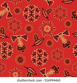 Seamless Christmas pattern. Background with snowflakes, bells and Holly leaves.