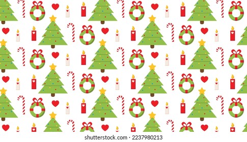 Seamless christmas pattern. Background with Christmas trees, candles and candy. Perfect for wrapping paper, greeting cards, textile. New Year's packaging
