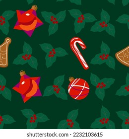 seamless christmas pattern with a Christmas ball, candy cane, gingerbread and holly berry