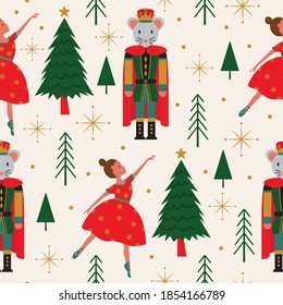 Nahtlose Weihnachtsmuster mit Ballerina und Mouse King.
