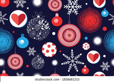 Seamless Christmas pattern with balloons and snowflakes on a dark background. Template Holiday pattern New year example Wallpaper or fabric.