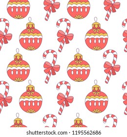 Seamless Christmas pattern. Christmas balls and striped lollipops. On a white background. Vector illustration
