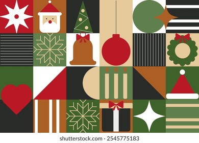 Seamless Christmas pattern in Bauhaus style. Geometric winter background with New Year festive elements.