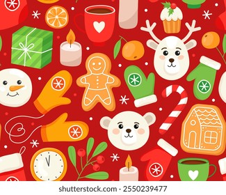 Seamless Christmas pattern. Bear, deer, mittens, snowman, gingerbreads, gifts, candles, candies and clock. Red background. New Year's pattern for wrapping paper, textile, print.