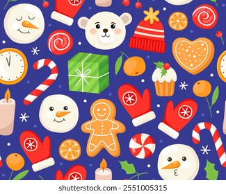 Seamless Christmas pattern. Bear, mittens, snowman, gingerbread, gift, candle, candy and clock. Blue background. New Year's pattern for wrapping paper, textile, print.