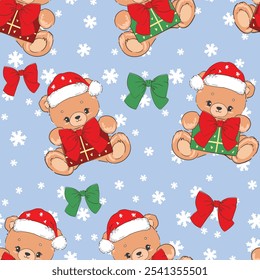 Seamless Christmas Pattern with Bears, Bows, and Gifts hand drawn 