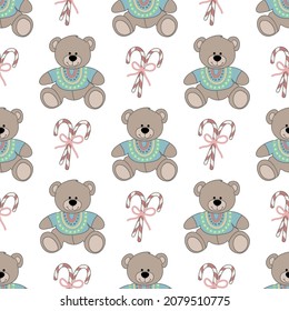 Seamless Christmas pattern with bears. Cute baby design for fabric or textile. Colorful vector rillustration.
