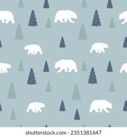 Patrón navideño sin foco - osos con árboles de fondo azul.