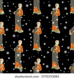 Seamless Christmas pattern with beautiful medieval women and snowflakes. On black background.