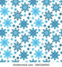 Seamless Christmas pattern with beautiful snowflakes and stars, winter background, decorative paper, suitable for gift wrap, wallpaper. Vector illustration.