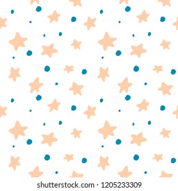 seamless Christmas pattern of beige stars and blue dots.