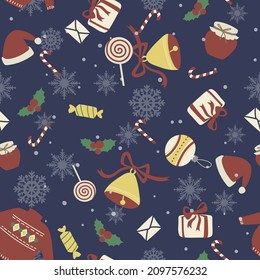 Seamless Christmas pattern with bells, letters, snowflakes, balls, gifts and candies.