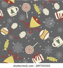 nahtlose Weihnachtsmuster mit Glocken, Geschenken, Tassen, Bonbons und Schneeflocken