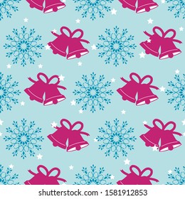 Seamless Christmas pattern with bells and snowflakes on blue background