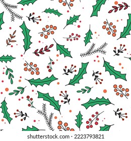 Seamless Christmas pattern with berries, fir branches, foliage and holly. Botanical holiday background. Template for packaging, paper, textile, wallpaper and design. Hand drawn continuous traditional