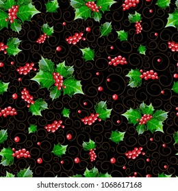 Seamless Christmas pattern of berries and holly leaves