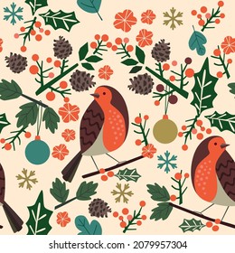 Patrón de Navidad sin inconvenientes con bayas, hojas y ave Robin. Ilustración vectorial. 