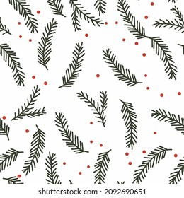 Patrón de Navidad sin inconvenientes con bayas, ramas de abeto. Verde y rojo sobre blanco. 