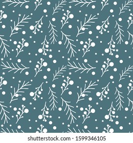 seamless christmas pattern with berries and stars.  vector of fir with snow.