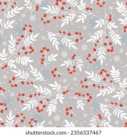 Seamless christmas pattern with  berry branches. Snowflakes. Vector illustration.