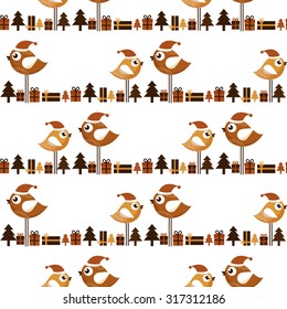 Seamless Christmas pattern with birds and gifts
