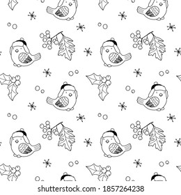 Seamless Christmas pattern with birds, holly berries and holiday elements. Winter doodle background.