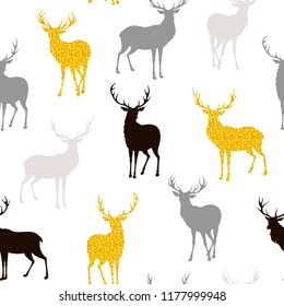 Seamless Christmas pattern with black, gray and gold silhouettes of deer.Vector texture