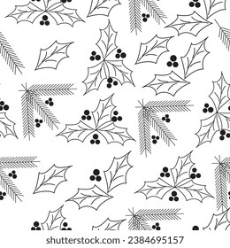 Seamless christmas pattern. Black and white thin lines. Vector Illustration.