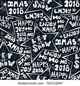 Seamless Christmas pattern, black and white. Let it snow. Typography design, lettering, star, toy. Modern vector 2018 New Year. Greeting stylish illustration of winter wishes. 