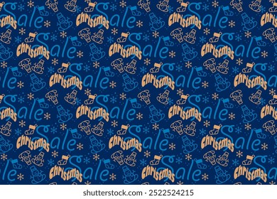 Seamless Christmas pattern with blue background, golden snowflakes, and "Christmas Sale" text. Perfect for winter sales, wrapping paper, or digital designs.