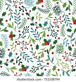 Seamless Christmas Pattern With Blue And Green Spruce Branches, Mistletoe And Berries. 
