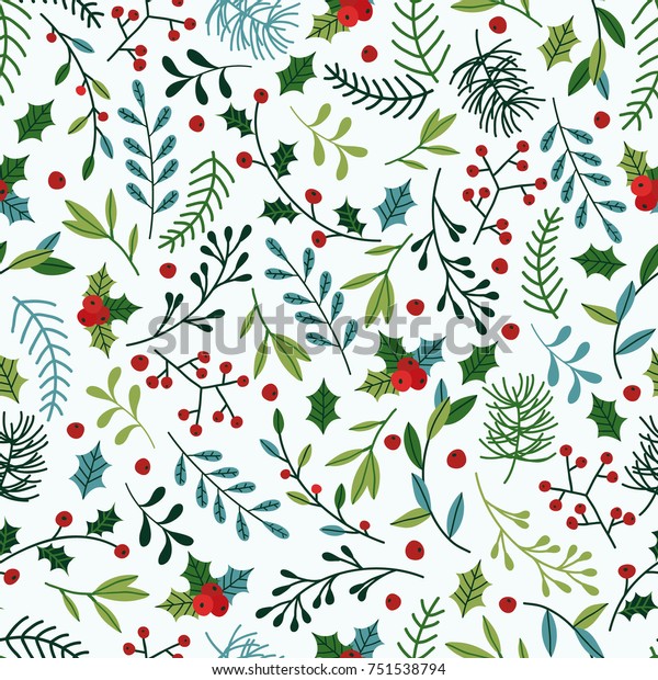 青と緑のトウヒの枝 ヤドリギとベリーを持つシームレスなクリスマスパターン のベクター画像素材 ロイヤリティフリー