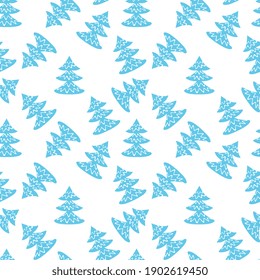 Patrón de navidad sin foco con pinos azules sobre fondo blanco nevado en vector. Estilo escandinavo.