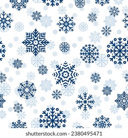 Seamless Christmas pattern with blue snowflakes on white background. Winter decoration. Happy new year, cold season snowfall. Vector illustration