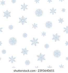 Nahtlose Weihnachtsmuster mit blauen Schneeflocken auf weißem Hintergrund. Winterdekoration. Alles Gute zum neuen Jahr, Vektorgrafik. 