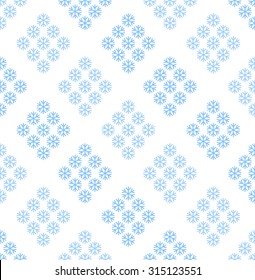 Seamless Christmas pattern of blue snowflakes on white background. New year holidays gift paper print. Vector illustration.