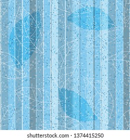 Seamless Christmas pattern with blue vertical stripes and leaf silhouettes in translucent polka dots. Vector image. Eps 10