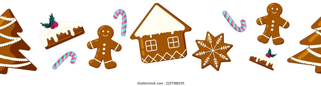 Seamless christmas pattern border with gingerbread cookies and candy canes. Flat vector illustration.