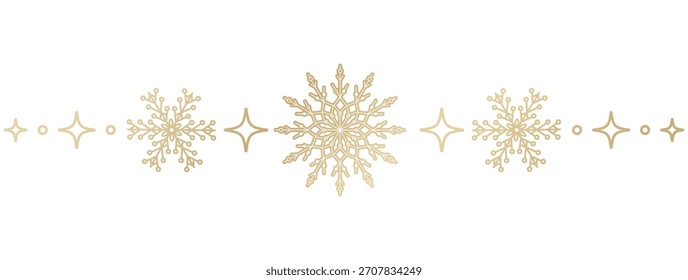 Seamless Christmas pattern border with golden snowflakes and stars. Luxury winter decorative print for wrapping paper, textile, packaging and festive design. Vector.
