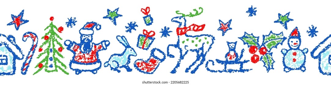 Seamless Christmas pattern border like child hand drawing cartoon  Snowman  tree  deer  gift box  snow  santa  hut  Crayon  pastel chalk  pencil kid painting flat funny doodle simple vector stroke