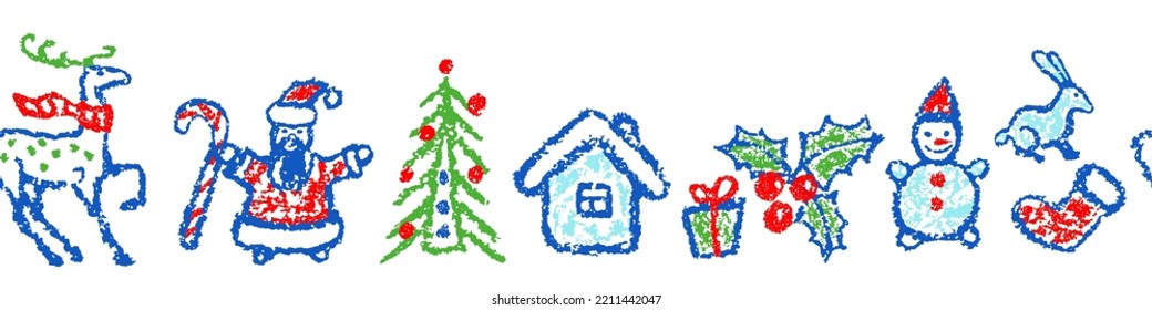 Seamless Christmas pattern border like child hand drawing cartoon  Snowman  tree  deer  gift box  santa  hut  Crayon  pastel chalk  pencil kid painting flat funny doodle simple vector stroke
